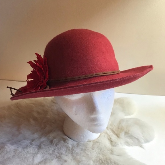Women’s Red Felt Wool Wide Brim Hat Floral Detail - Picture 2 of 7